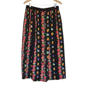 Napa Valley Floral Skirt Pleated Midi Black Garter Waist Size 14 Buttonup Pullon